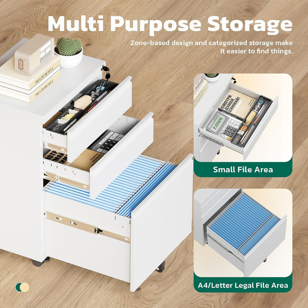 3 Drawer Mobile File Cabinet with Lock, Fully Assembled Rolling File Cabinet Except Casters, Under Desk File Cabinet