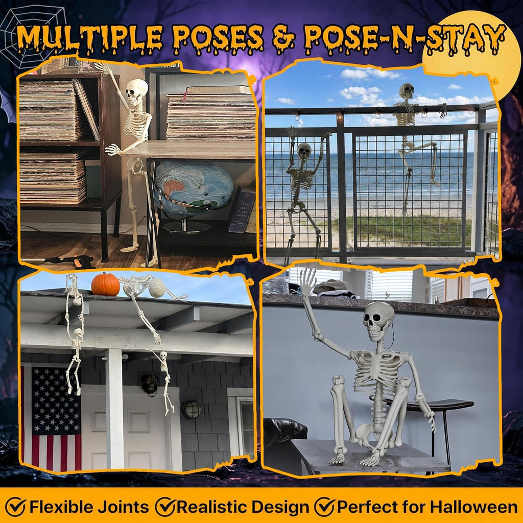 36.5" Halloween Skeleton, Full Body Life Size Posable Skeletons with Movable Joints, Realistic Plastic Human - Set of 2