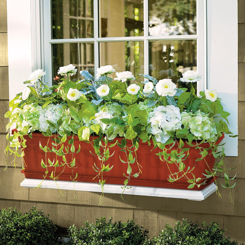 Window Box Planter, 6 Pcs 17" Flower Rectangle Planter with Tray, Brick Red