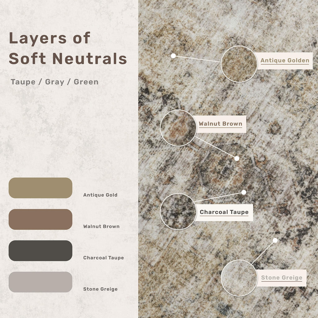 Farmhouse 8x10 Washable Area Rugs, Neutral Taupe Brown Abstract Rug, Soft Foldable Low Pile Carpet, Stain Resistant