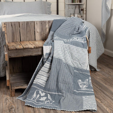 Sawyer Mill Blue Farm Animal Quilted Reversible Ticking Stripe Cotton Throw for Couch 60x50 Bedding Accessory