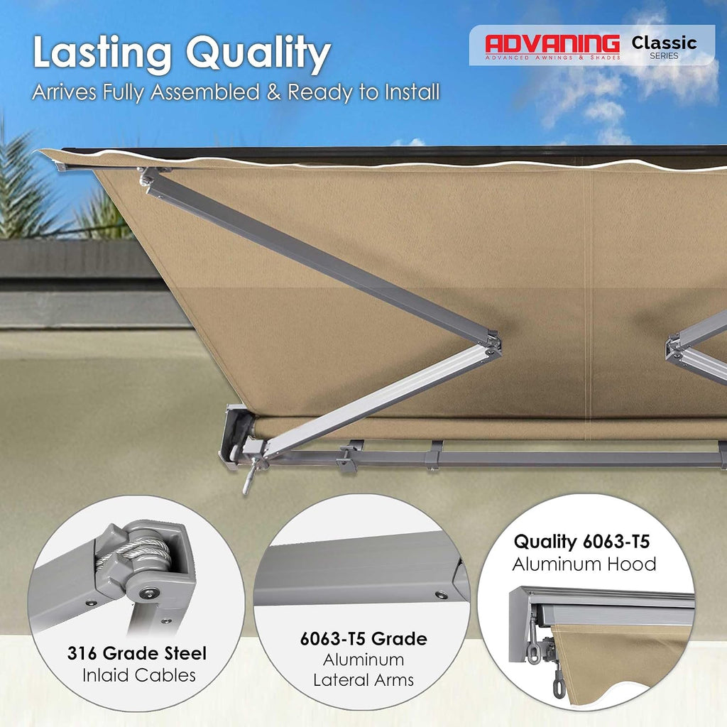 Classic Series 12'X10' Electric Retractable Awning, 100% Acrylic UV+ Sun Shade Canopy, Light Taupe (Solid)