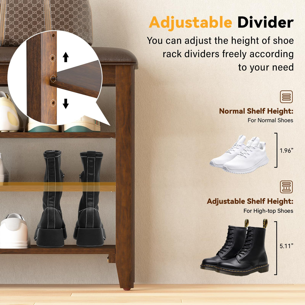 Shoe Rack Bench, 3 Tier Adjustable Shelves Wood 39.4''