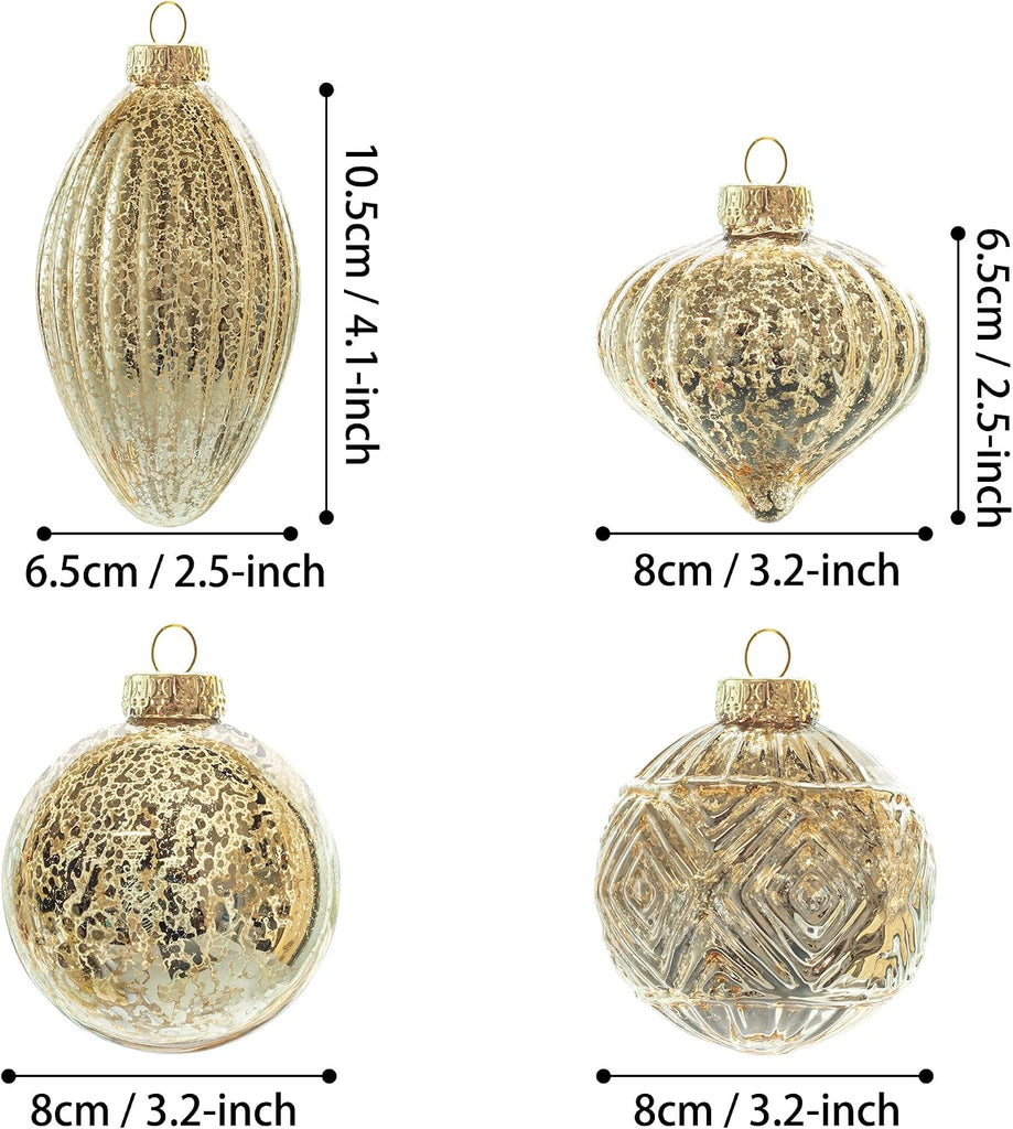 Mercury Glass Christmas Ornaments Set of 8 Champagne Gold Hanging Christmas Balls Finials for Christmas Tree