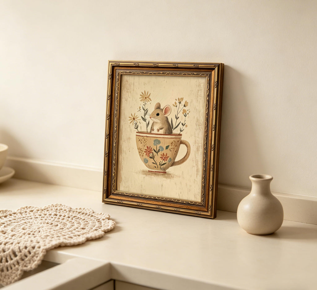 Vintage Gold Framed Mouse Wall Art, Rat in Floral Teacup Canvas Print, Cottagecore Whimsical Animal Picture Wall