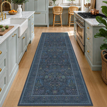 2'6"x8' 8ft Kitchen Runner Rugs Washable, Dark Blue Long Runner Rugs Non Slip, Victorian Forest Floral Stain