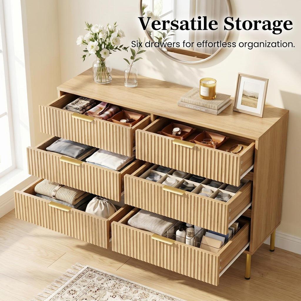 Natural Oak 3-Piece Fluted Dresser and Nightstand Set