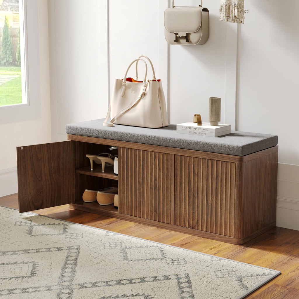 41.3" Shoe Storage Bench with Cushion, Adjustable Shelves, 440lbs, Walnut
