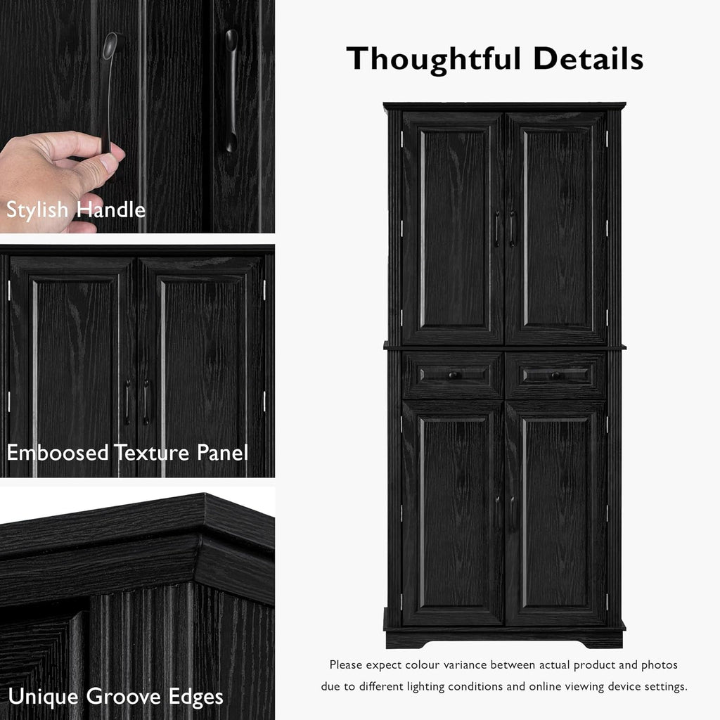 Farmhouse Pantry Cabinet with Drawers and Door Shelves, Black | Farmhouse Pantry Cabinet, Tall Storage Cabinet With