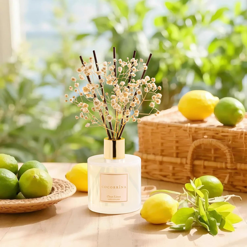 Reed Diffuser Set, Clean Linen 6.7 fl oz Scented Diffuser with Sticks Home Fragrance Reed Diffuser Shelf Décor