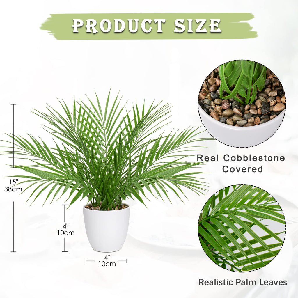Fake Plant 15'' Artificial Palm Plant in White Pot Real Touch Faux Tropical Palm Tree Houseplant Indoor Living Room