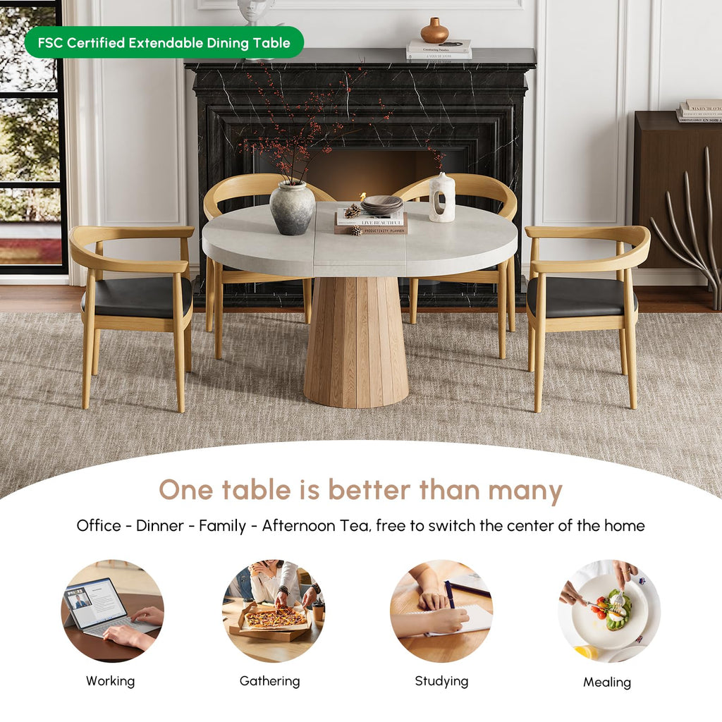 Extendable Dining Table for 6 Round to Oval 39"-55", Solid Wood Kitchen Table for 4-6 People, Space-Saving Design for