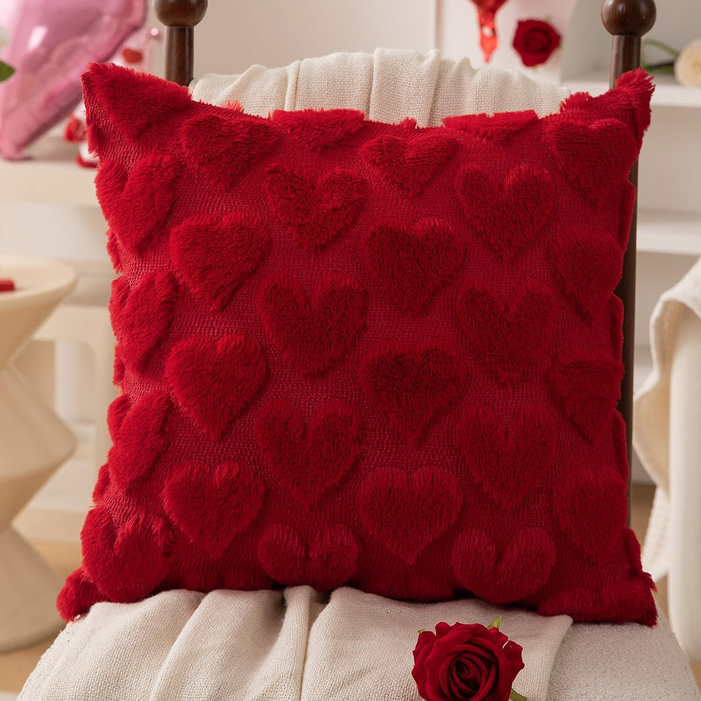 Valentines Pillow Covers 18x18 inch Valentines Day Decoration Red Heart Soft Plush Faux Fur Jacquard Throw - Set of 2