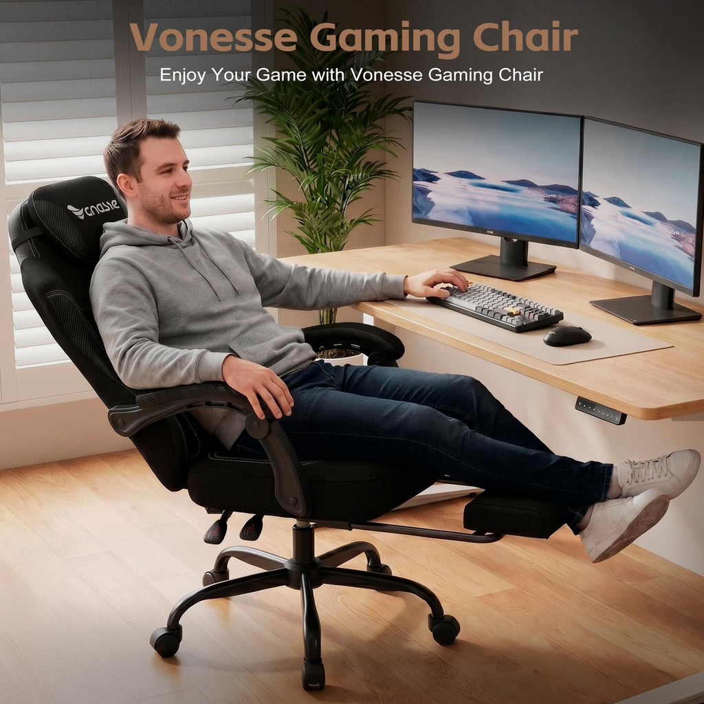 Gaming Chair, Desk Chair with Linen Breathable Mesh Fabric, Office Chair with Adjustable Lumbar Support, Computer