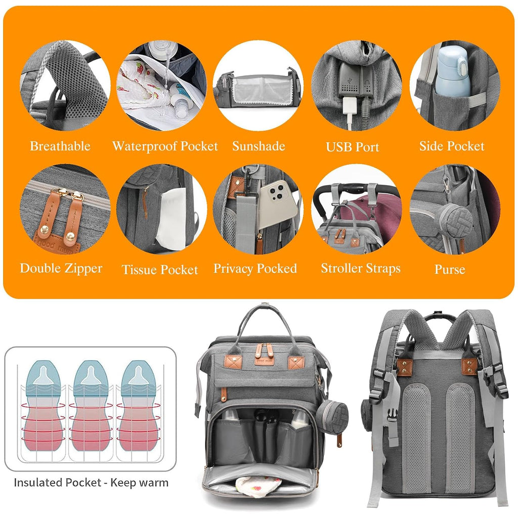 Baby Diaper Bag with Changing Station, Waterproof Diaper Bag Backpack for Moms Dads with USB Charging Port, Baby