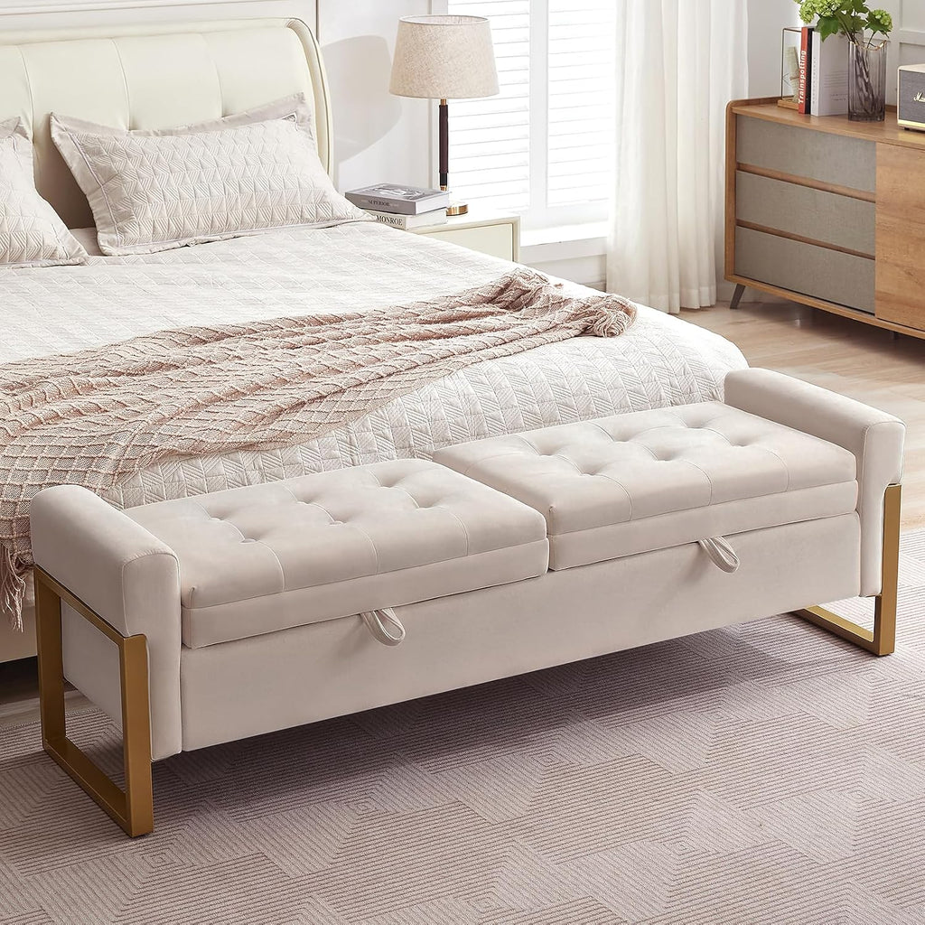 67" Storage Bench End of Bed, Velvet King Size Bed Bench with Double Lids and Gold Legs, Storage Ottoman Bench with