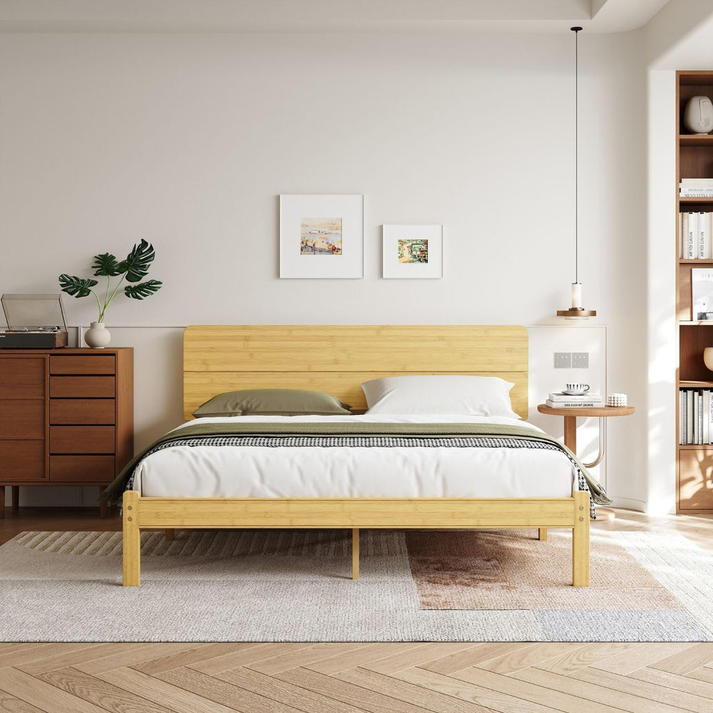 14 Inch Solid Bamboo Wood King Size Bed Frame with Headboard, Platform Bed Frame King with Metal Slats, No Box Spring