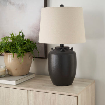 Home 24" Black Farmhouse Ceramic Pottery Jug Table Lamp for Bedside Table, Living Room, Office, Entryway