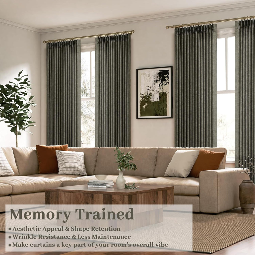 Pinch Pleated Linen Curtains 96 Inches Extra Long Olive Green Drapes, Thick Linen Light Filtering Memory Trained