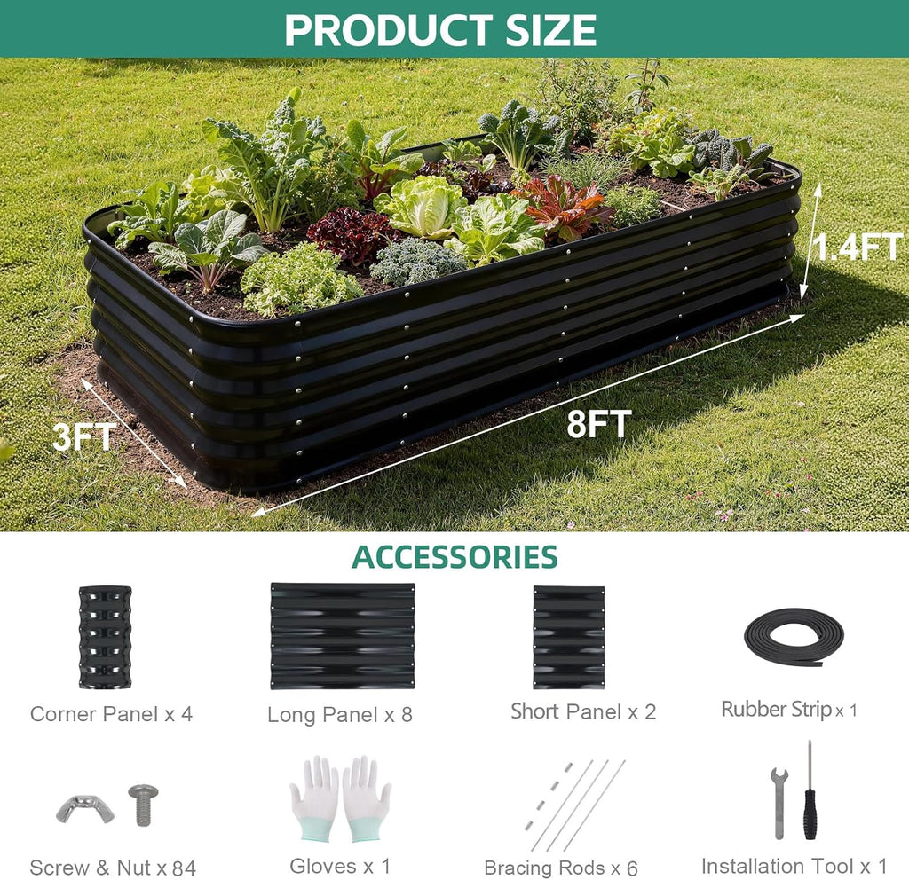 5 in 1 Galvanized Raised Garden Bed, 8x3x1.4ft, Grey | Modular Metal Planter Box Outdoor, with Bracing Rods, Safety