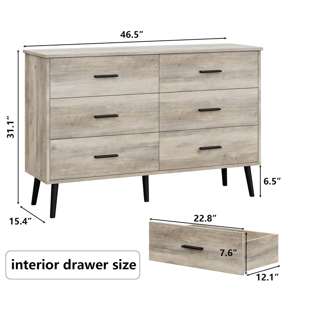 Grey Dresser, Dressers & Chests of Drawers for Clothes Storage, Wood Dresser for Closet with 6 Drawers, Wide Long