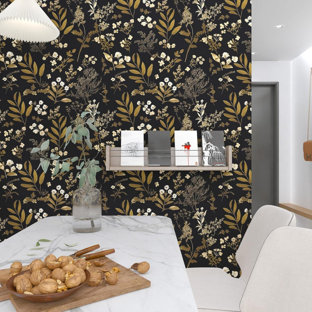 Vintage Floral Peel and Stick Wallpaper 17.5"x 393", Gold Black | Self Adhesive/Removable/Waterproof/Thick Vinyl