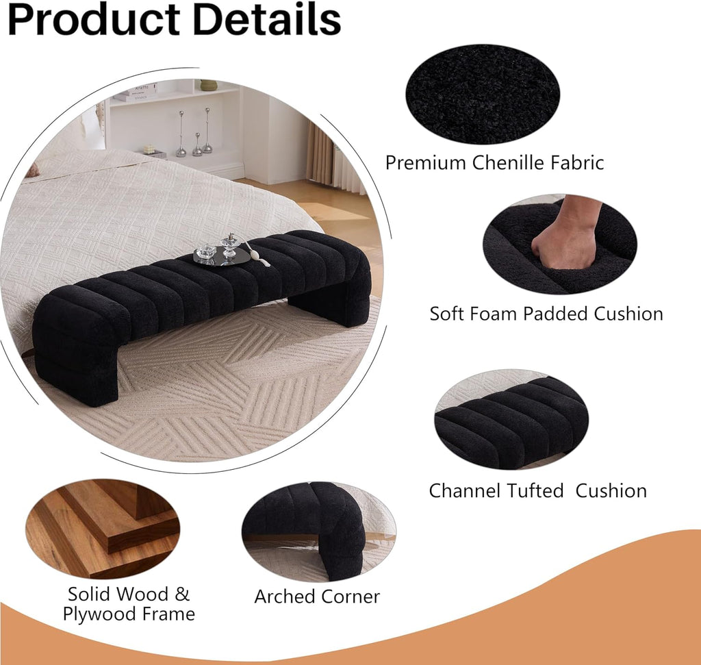 Arched Ottoman Bench Living Room,69.7" Chenille Long Benches for Bed End King Size,Modern Channel Tufted Seating