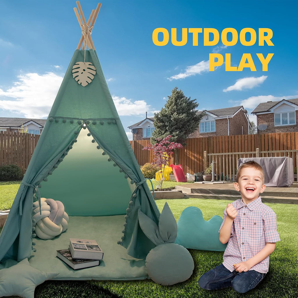 Teepee Tent for Kids with Mat, Star Lights, Carry Case, Cotton Canvas Playhouse, Foldable Tents, Portable Children