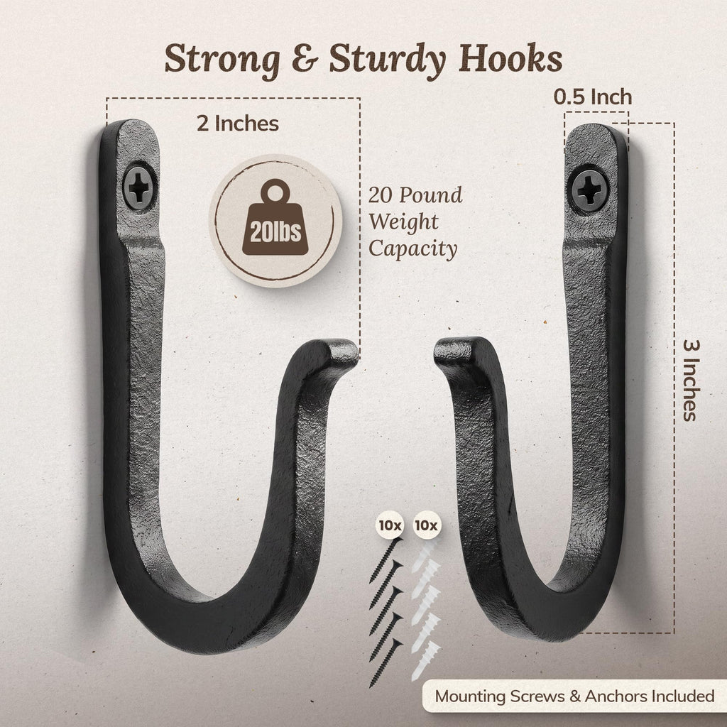 Railroad Spike Cast Iron Hooks (10 Pack) Handmade Blacksmith, Wall Mounted Farmhouse Decorative Hooks, PowderCoated