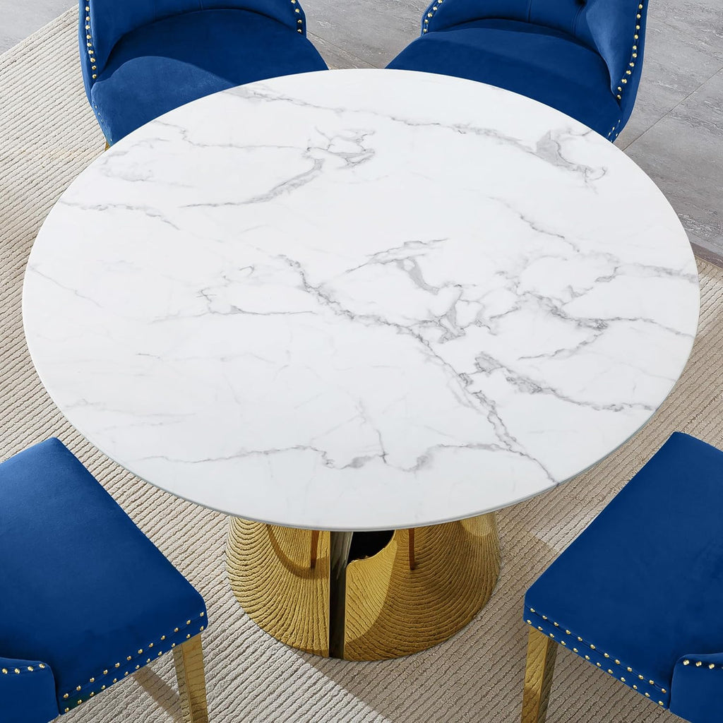 Luxury Marble Round Dining Table for 4-6, White Gold 45" Faux Marble Kitchen Table with Mirrored Stainless Steel