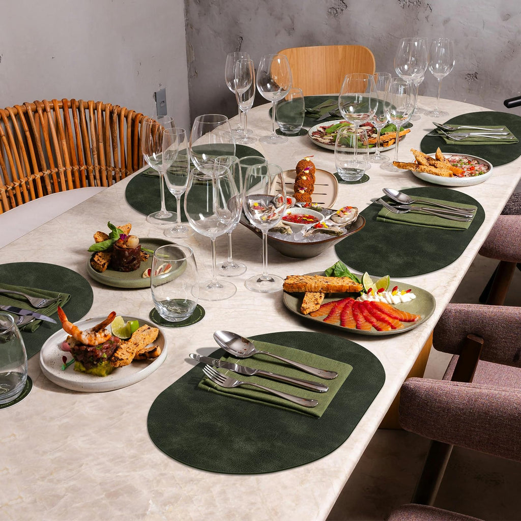 Oval Placemats Set of 12, Wipeable Faux Leather, Olive Green