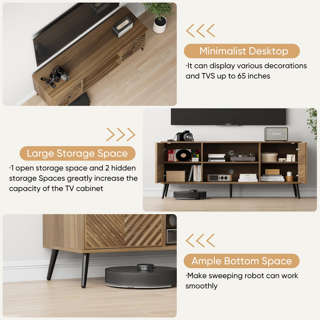 Walnut TV Stand with Fluted Diamond Doors, 55.12" Mid Century Modern TV Media Console for TVs up to 65", TV Cabinet