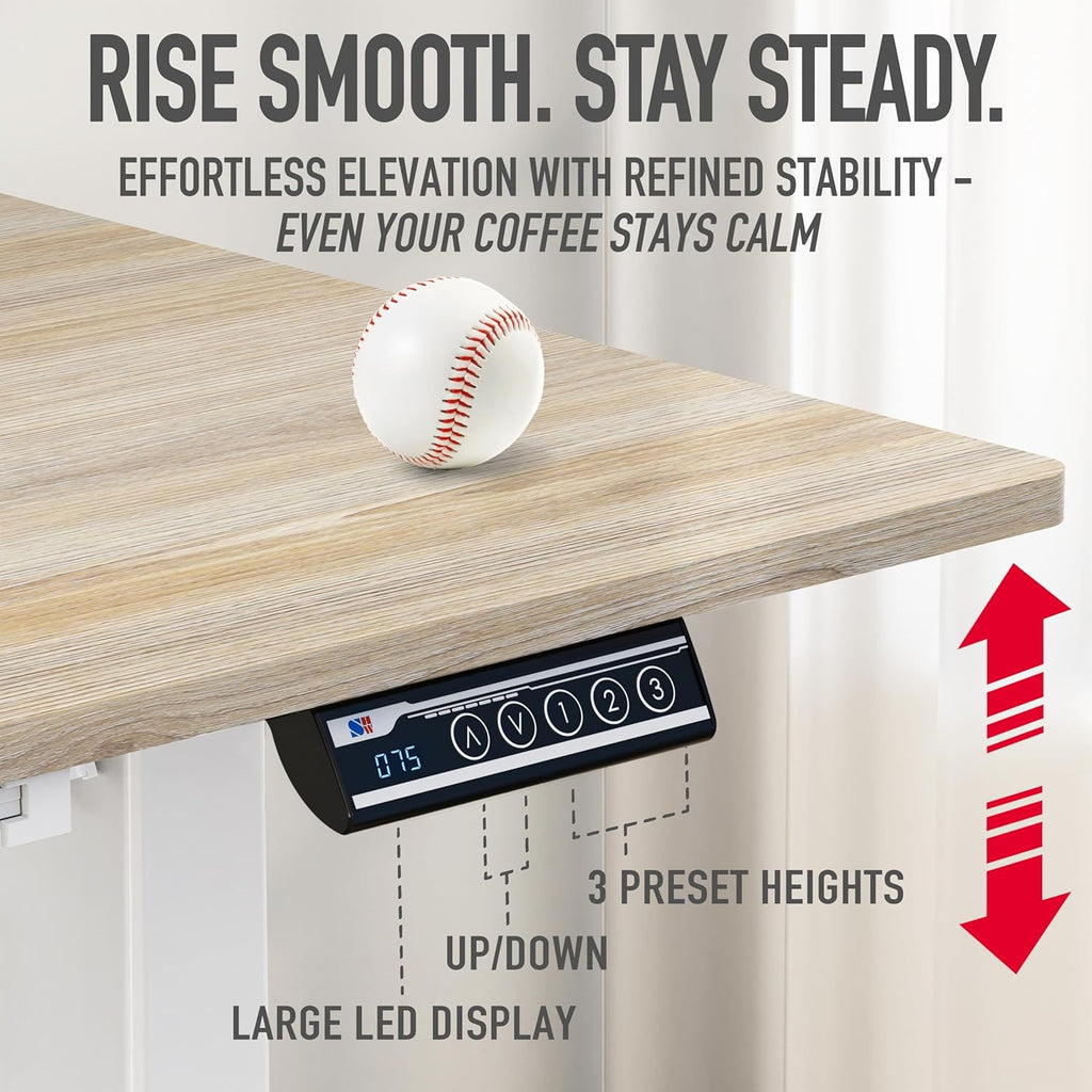 55 x 28 Electric Height Adjustable Standing Desk w/Drawer, Maple | w/ Memory Presets and Cable Management | Drawer