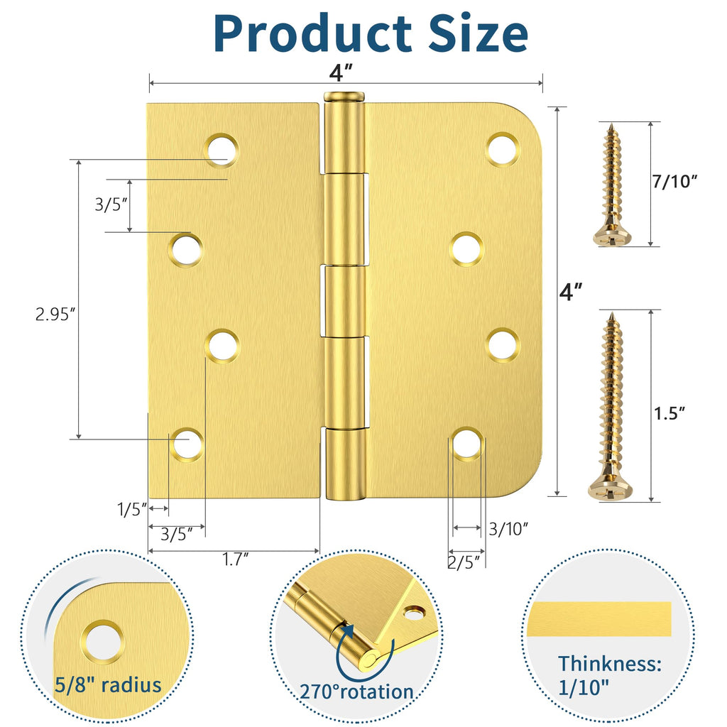 3 Pack Brushed Gold Door Hinges 4 Inch, Exterior Door Hinges