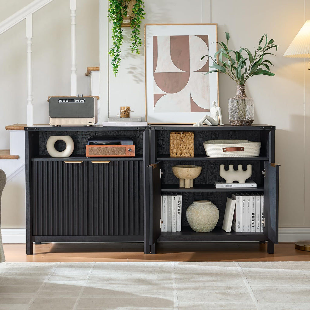 32 Inch Fluted Sideboard Buffet Cabinet, Black Oak