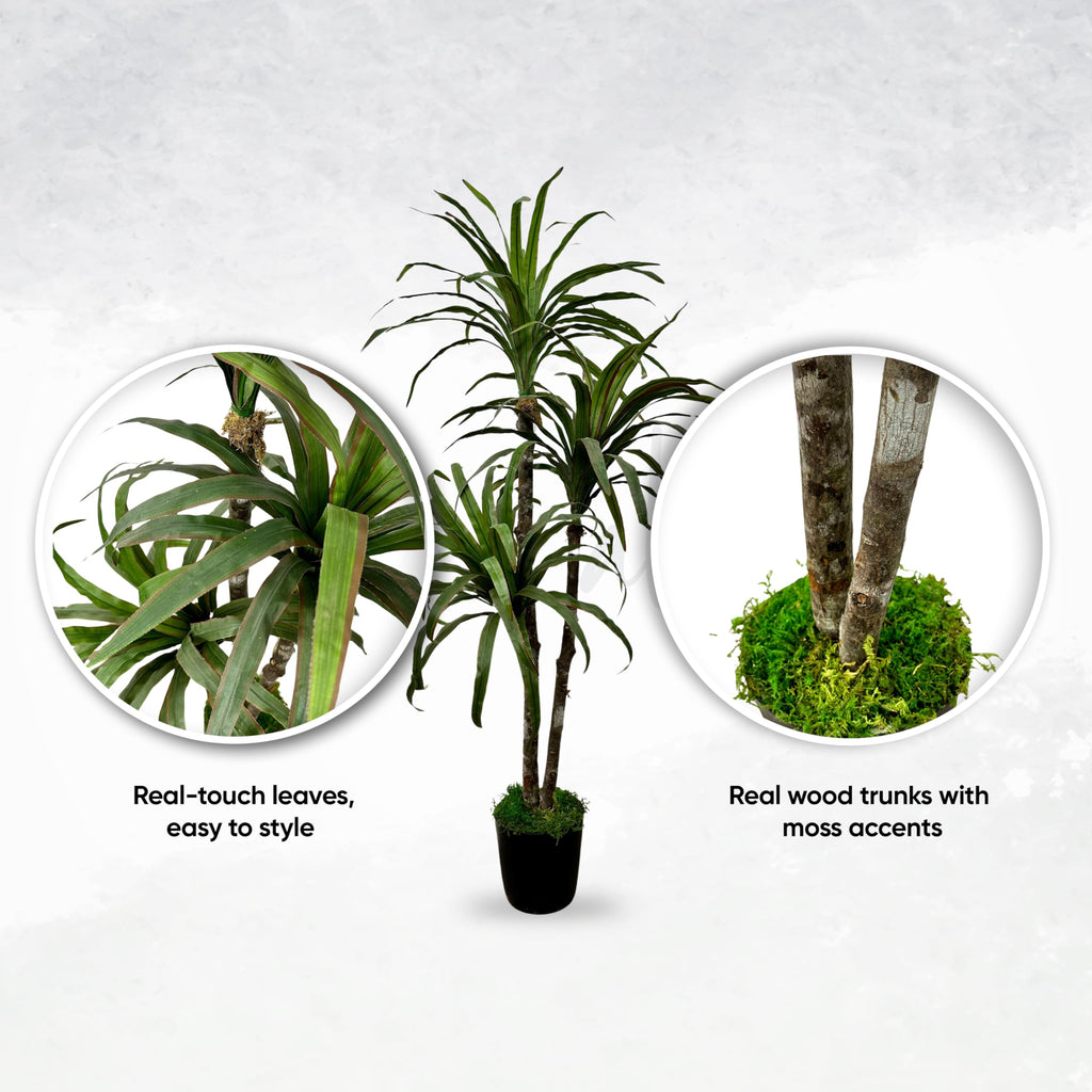 Handmade 4ft Artificial Yucca Plant | Tree with Real Wood Trunks, Hypoallergenic, 4 Foot, Green