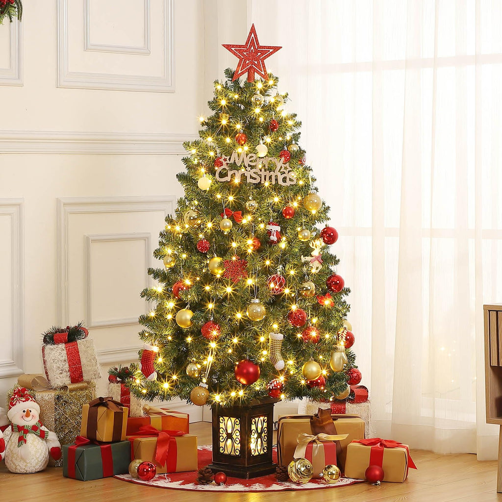 4.5 ft Artificial Fiber Optic Christmas Tree, Pre-Lit Artificial Potted Xmas Tree with 300 Led Lights, 8 Lighting