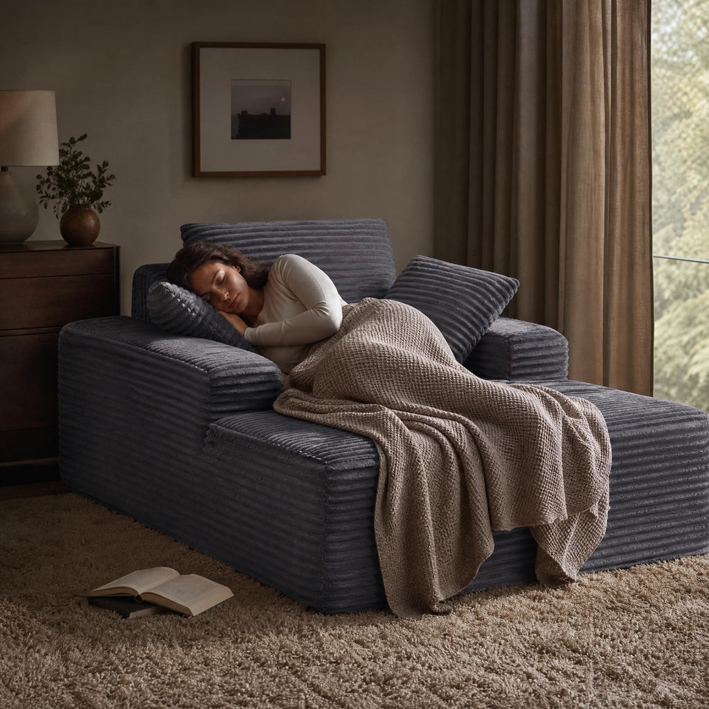 63'' Boneless Chaise Lounge Chair Indoor, Comfy Oversized Chair, Corduroy Upholstered Fluffy Cloud Couch, Deep Seat