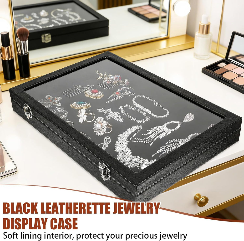 Jewelry Organizer Box, Black Velvet Blank Display Tray Case with Lid, 13.8 x 9.5 x 2 Inch Wooden Jewelry - Set of 3