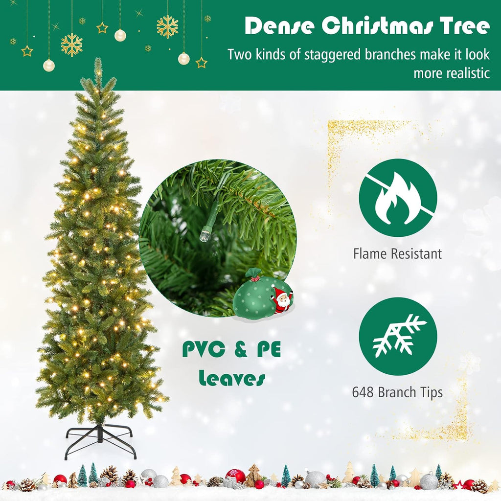 Pre-Lit Pencil Christmas Tree, Hinged Artificial Slim Tree with 648 PVC PE Branch Tips, 270 LED Lights, Life-Like