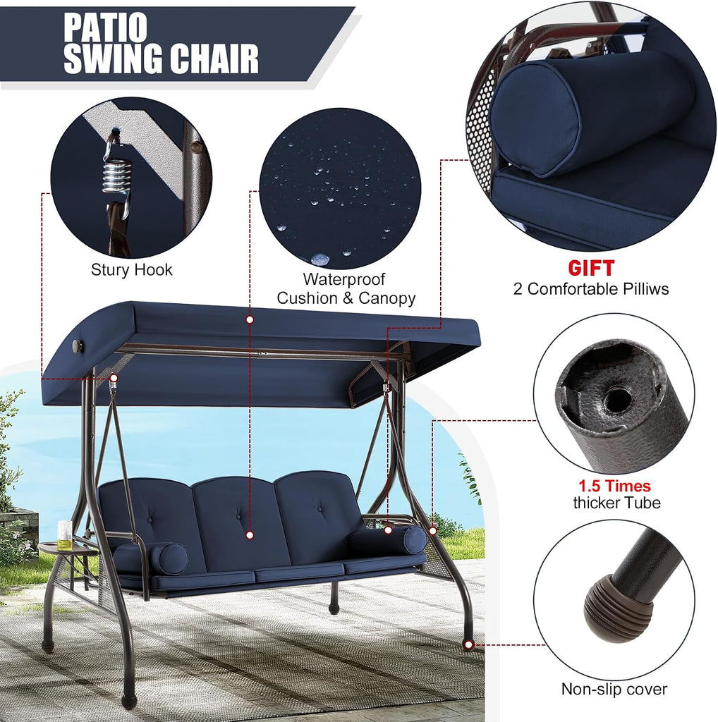 3-Seat Outdoor Porch Swing with Adjustable Canopy, Convertible 2-in-1 Patio Swing Bed with Heavy Duty Stand, Glider