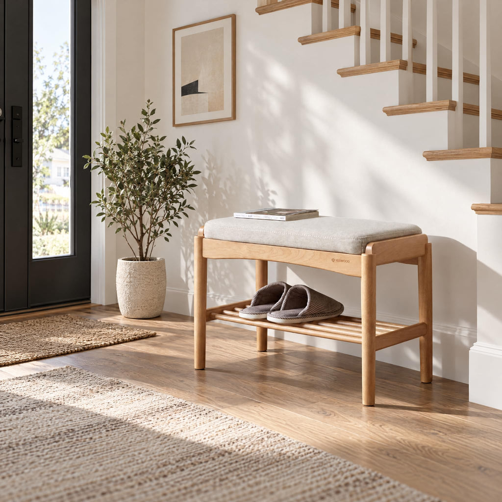 Solid Wood Shoe Bench, Small Entryway Bench with Light Gray Cushion