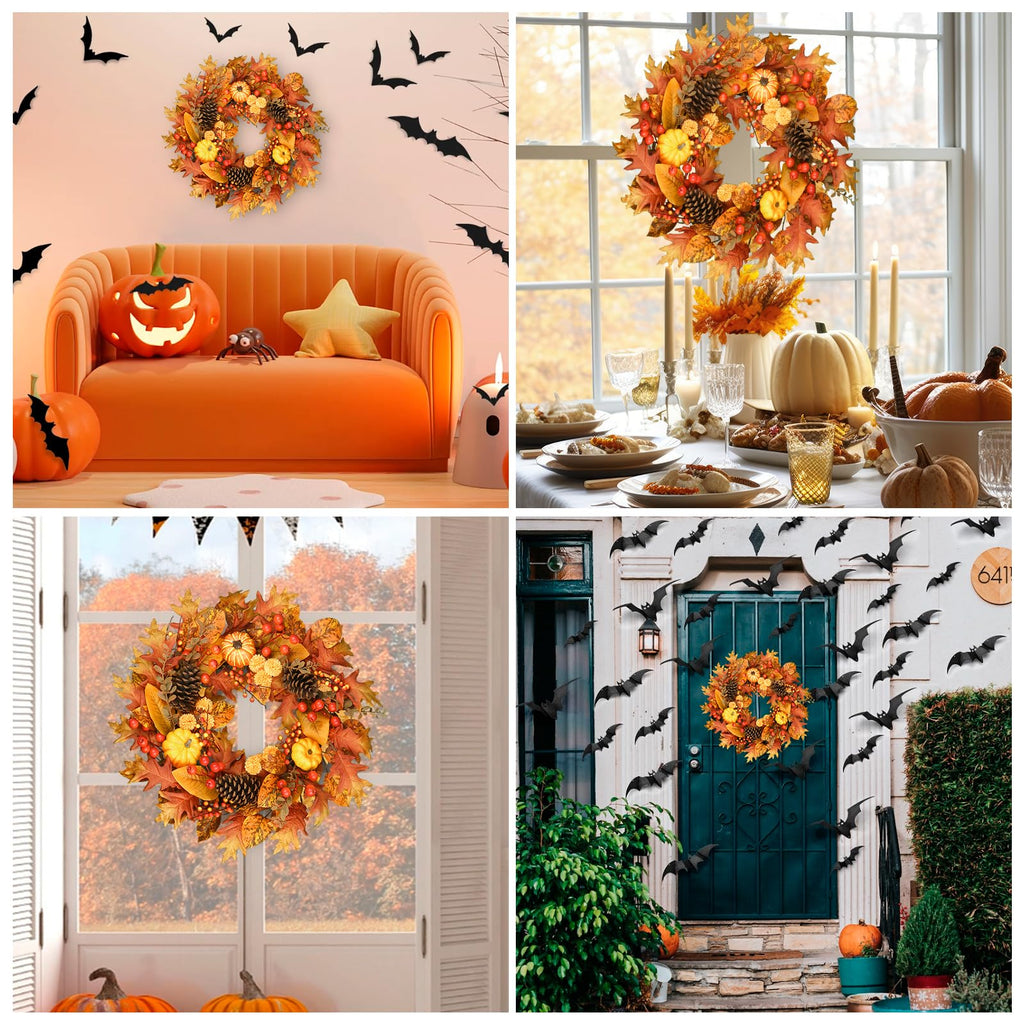 24 Inch Fall Wreath for Front Door, Pumpkin Berry Maple Leaf Autumn Decor