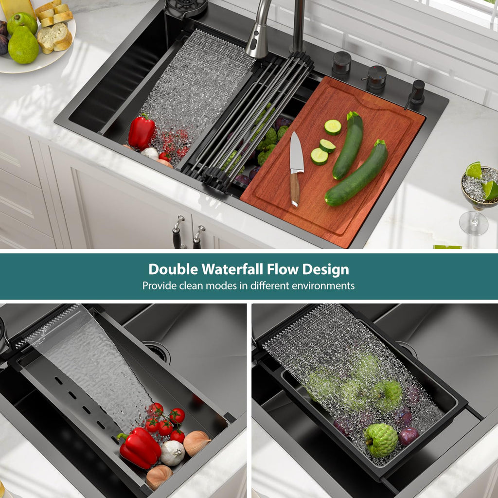 33 inch Waterfall Drop Sink Workstation with Faucet - 33x22 Black 16 Gauge Stainless Steel, Topmount Single Bowl