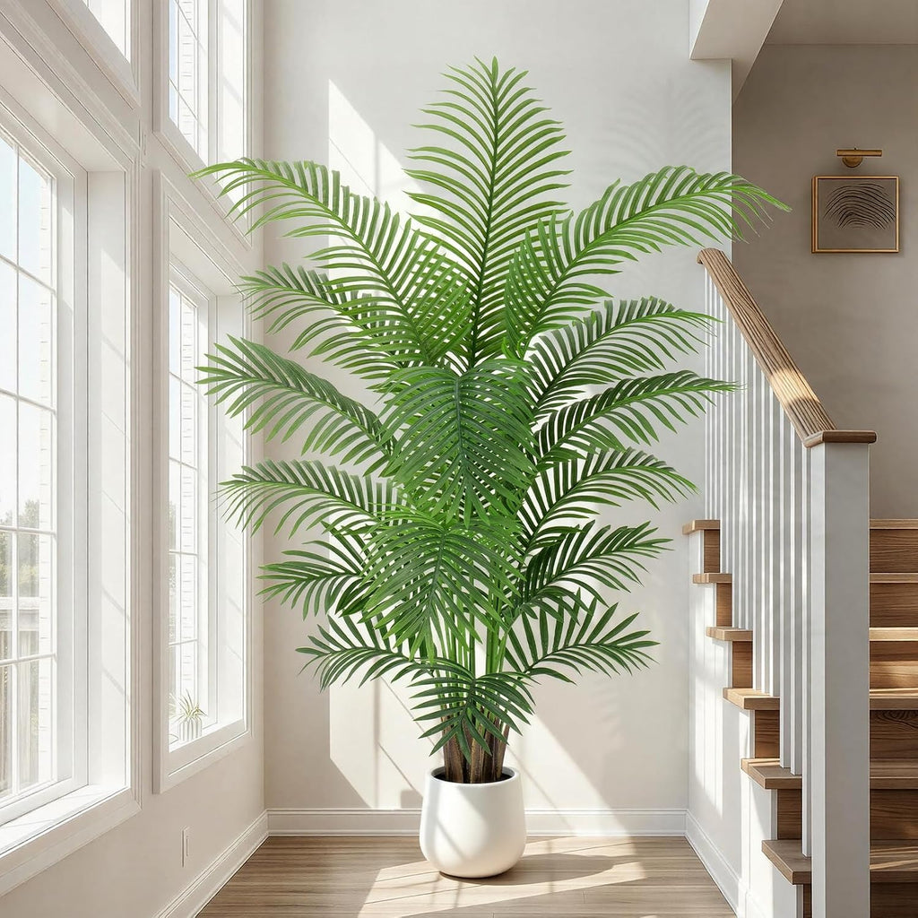6ft Artificial Palm Tree Tall Faux Palm Tree Indoor Large Fake Plants with 18 Trunks Artificial Plants with White Pot