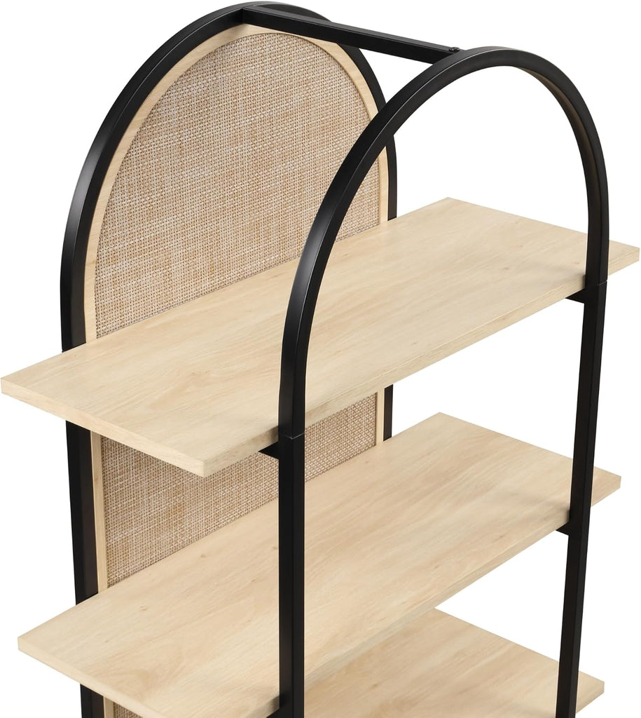 Amara Bohemian 5-Shelf Etagere Bookcase, Rattan Open Bookshelf with Arch Top, Light Oak/Matte Black