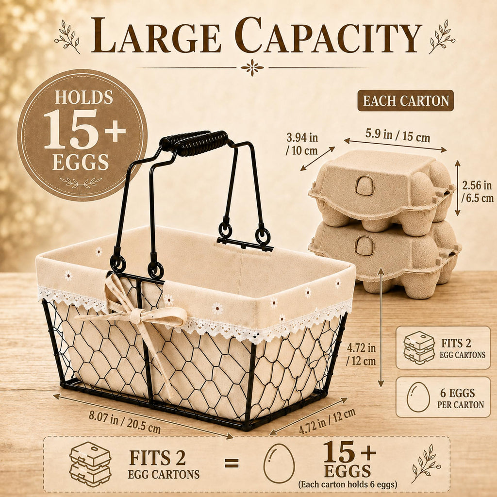 Farmhouse Vintage Metal Wire Chicken Egg Basket with Handle, Square Storage Basket with Removable Linen Liner