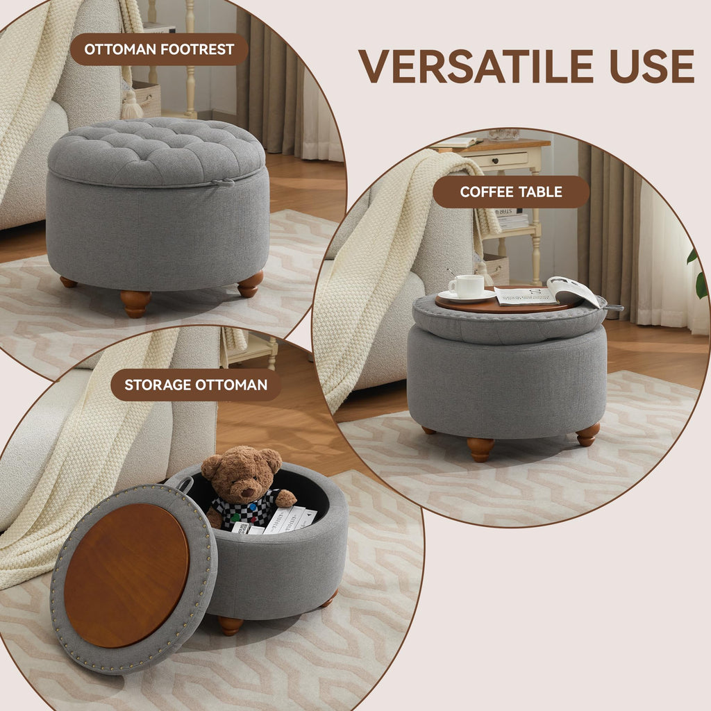 24Inch Round Storage Ottoman with Tray, Modern Tufted Fabric Circle Coffee Table with Storage, Upholstered Ottoman