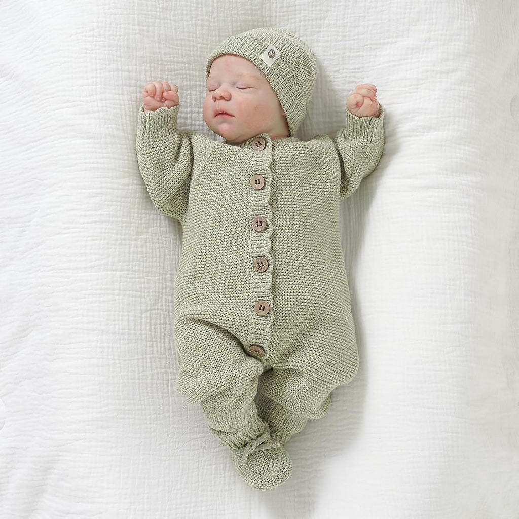 Organic Cotton Baby Sweater Knit Romper Hat Booties 3 Piece