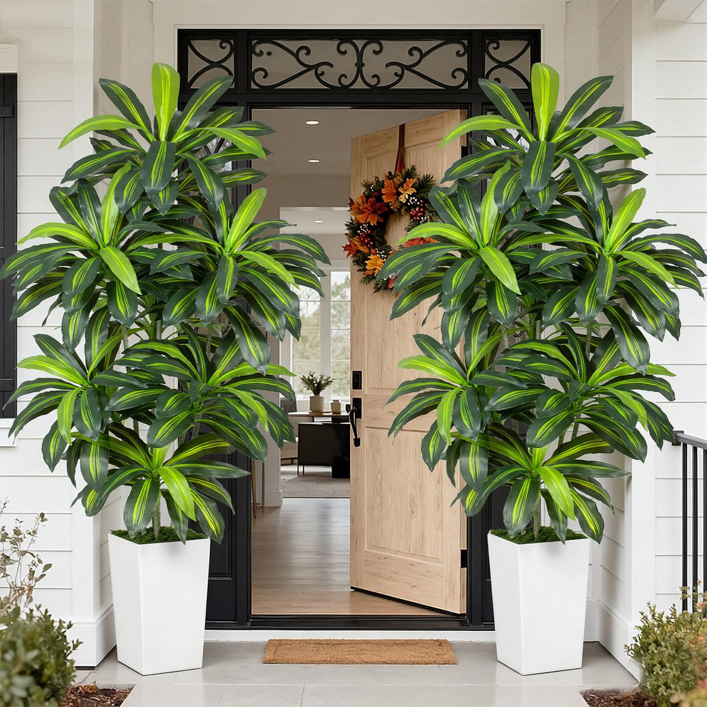7FT Artificial Dracaena Tree - High-Density Foliage Fake Plant with White Tall Planter - Faux Yucca Floor Plant Decor